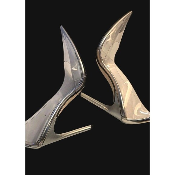 Good American Clear Cinderella Heels Pointed Toe Smoke Womens 9.5   New! - Picture 6 of 8